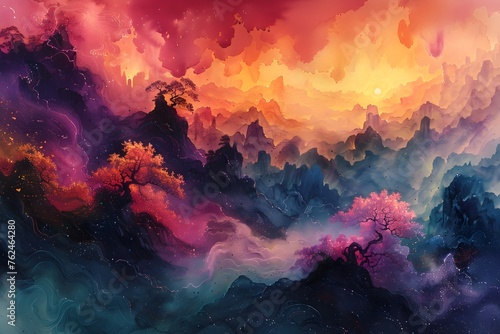 Immersive Fantasy Landscape Painted in Vibrant Watercolor Hues
