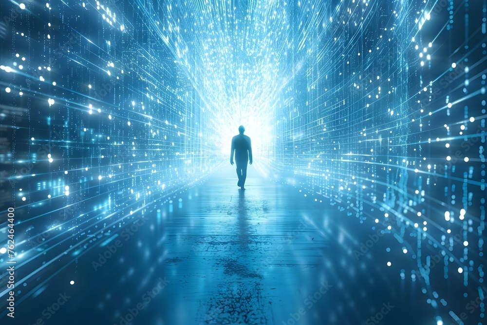 Person go to goal. man walking to target,Luminescent Technological Pathway Beckoning Futuristic and Innovative Possibilities Person go to goal. man walking to target,Luminescent Technological Pathway Beckoning Futuristic and Innovative Possibilities