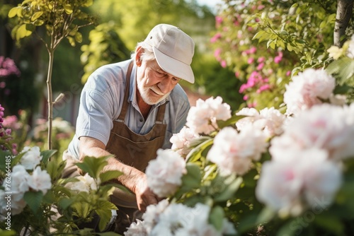 Meticulous Senior gardener pruning flowers in garden. Elderly man cutting blooming plants in backyard. Generate Ai © juliars