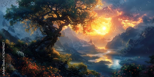 Majestic Mythical Landscape Illuminated by Radiant Sunset Glow in Enchanting Otherworldly Artwork