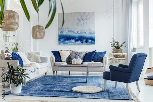 living room with blue accents and modern furniture