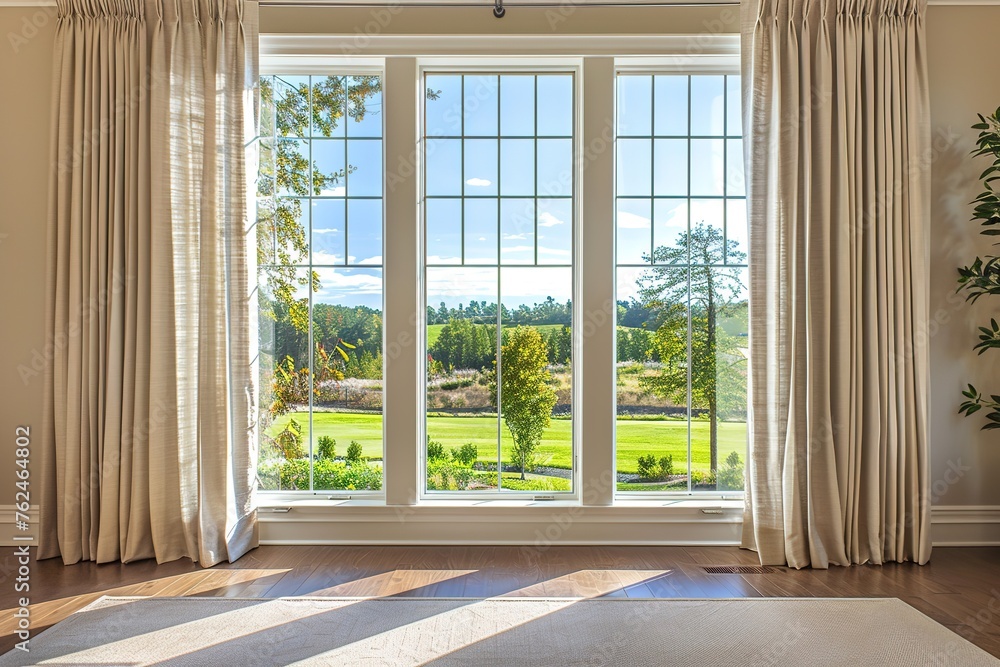 Fototapeta premium A serene room with large windows overlooking a sunny landscape and greenery.