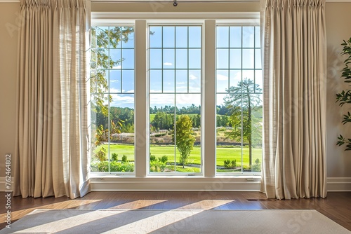 A serene room with large windows overlooking a sunny landscape and greenery.