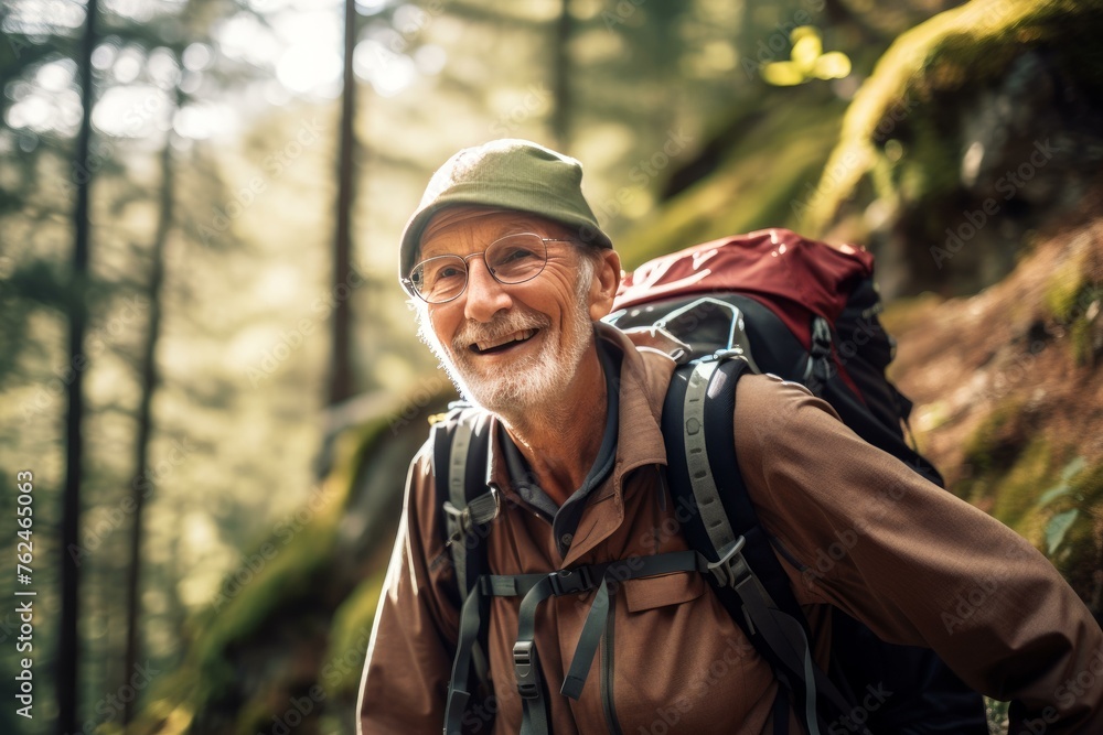 Determined Senior man hiking. Male healthy travel. Generate Ai