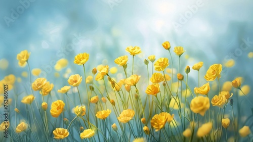 Yellow flowers and buds on stems, smudged, light green background. Flower field. Flowering flowers, a symbol of spring, new life.