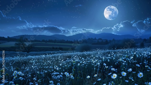Landscape with a view of a field of flowers at night, in the sky the moon, daisies. Flowering flowers, a symbol of spring, new life.