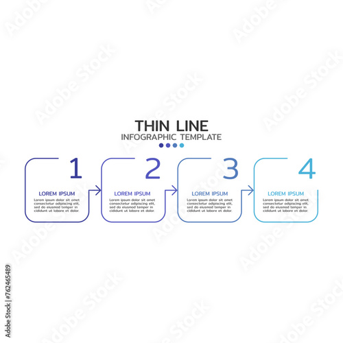 Business process step design template. Timeline infographic with 4 steps, options, arrows. Vector thin line elements for presentation.