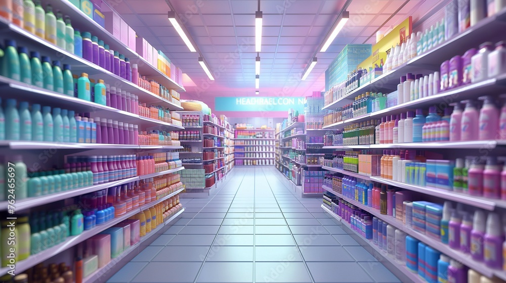 A cosmetics store with shelves filled with colorful bottles and jars of beauty products.