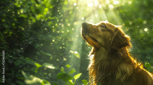 A serene golden retriever dog basks in the warm sunlight amidst floating forest dust particles.