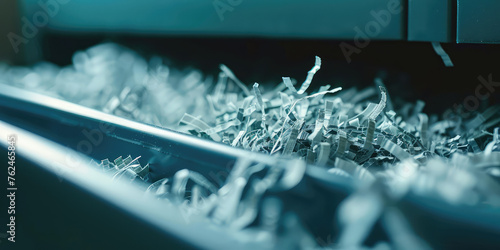 Paper Shredder in Action. A close-up view of shredded paper texture accumulating as it exits a modern shredder, copy space.