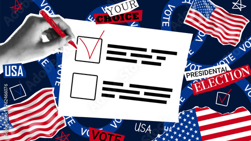Collage for 2024 US presidential election. Vector banner with halftone hand ticks voting form. Collage for US Election 2024 campaign. Vote day, November 5.