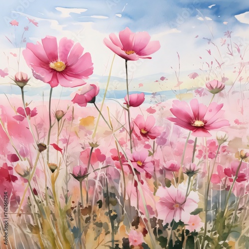 Drawn, painted image of a meadow full of pink flowers. Flowering flowers, a symbol of spring, new life.