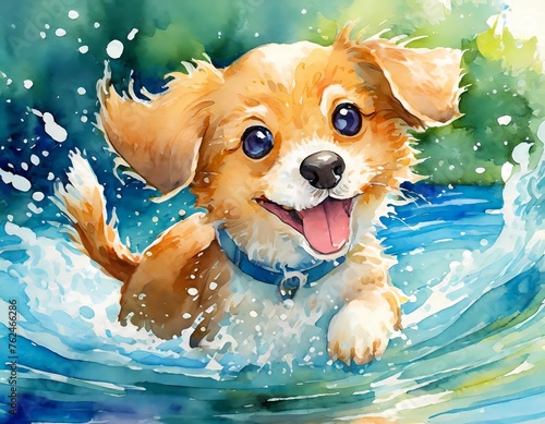 baby dog, puppy, Cute illustrations of baby animals splashing in the water, nursery art, picture book art, watercolors