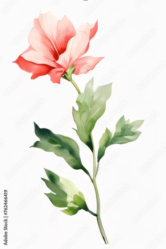 Drawn, painted pink rose flower on isolated white background. Flowering flowers, a symbol of spring, new life.