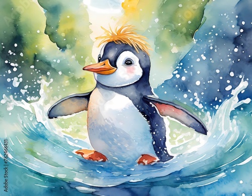 penguin baby  Cute illustrations of baby animals splashing in the water  nursery art  picture book art  watercolors