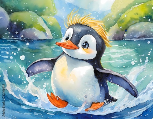penguin baby  Cute illustrations of baby animals splashing in the water  nursery art  picture book art  watercolors