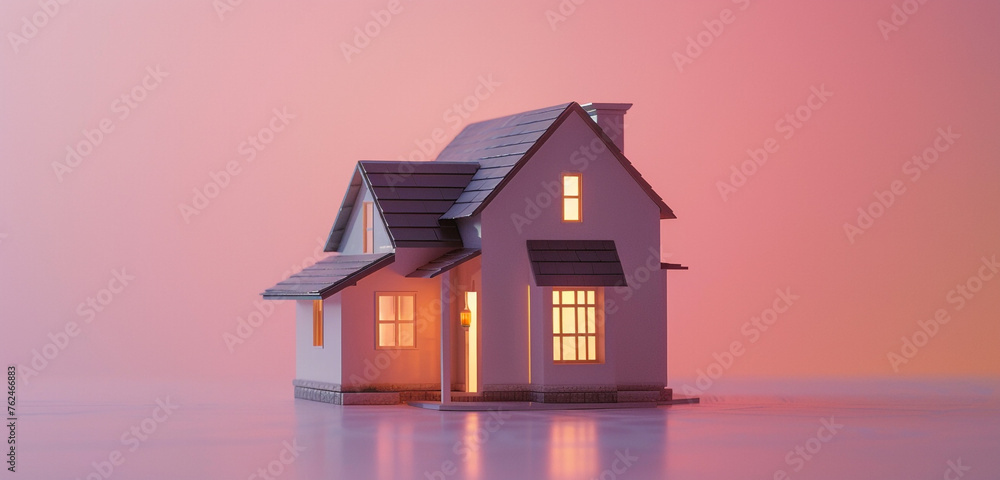  Positioned on a tabletop, a 3D miniature house stands out against a soft pink background, its tiny windows glowing with a welcoming light