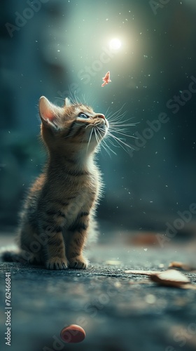 Kitten Looking Up at Butterfly