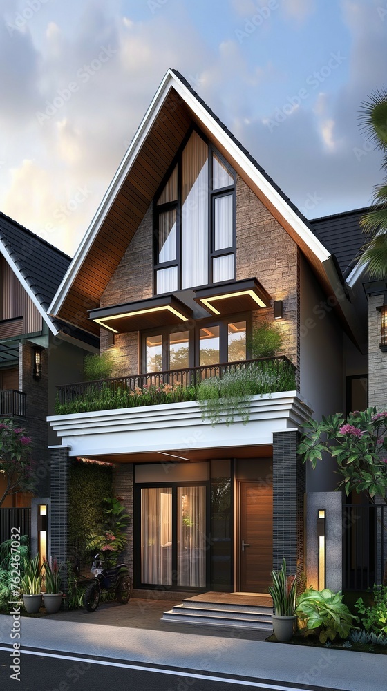 A Two-Story Wooden House With A Balcony.