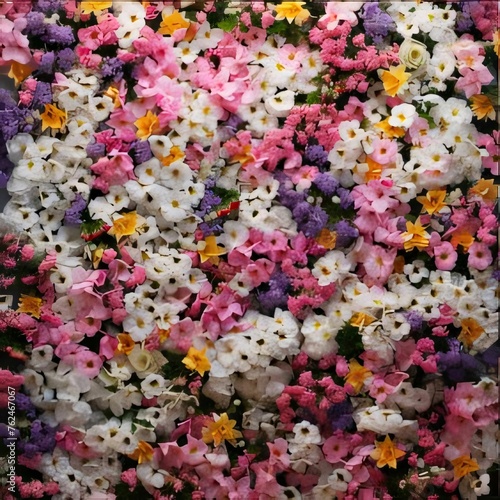 Top view of hundreds of colorful pink  white yellow flowers. Flowering flowers  a symbol of spring  new life.
