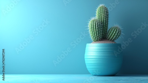 Turquoise Potted Cactus Against a Blue Backdrop with Plenty of Copy Space