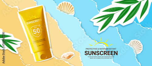 Horizontal banner for promotion sunscreen. Banner with collage items with sunscreen, seashells, leaves, torn paper and doodles. Vector illustration for promotion of summer goods and cosmetics.