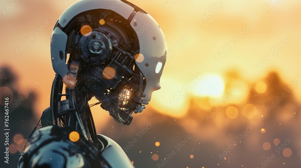 Fototapeta premium A Humanoid Robot Standing In Front Of A Sunset.