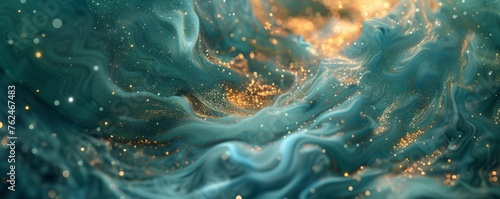 Majestic Turquoise Waves Embellished With Golden Sparkles Captured at Twilight