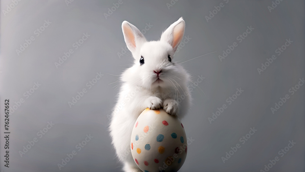 Diseño de la fiesta de Pascua. Conejito de Pascua con huevo pintado de colores sobre fondo gris. Conejo blanco de pascua. - obrazy, fototapety, plakaty 