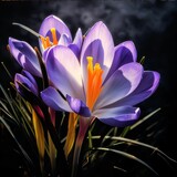 Purple crocus growing in the middle of the moss. Flowering flowers, a symbol of spring, new life.