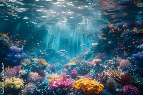Underwater Wonderland: A mesmerizing underwater scene with colorful coral reefs, exotic fish, and the play of light beneath the ocean's surface.   © Tachfine Art