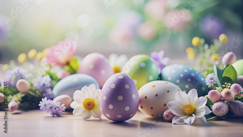 Diseño de la fiesta de Pascua. Huevos de Pascua pintados sobre un dondo de color.  photo