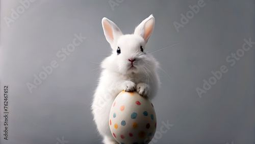 Diseño de la fiesta de Pascua. Conejito de Pascua con huevo pintado de colores sobre fondo gris. Conejo blanco de pascua.