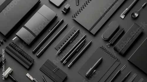 Black office supplies on a black table