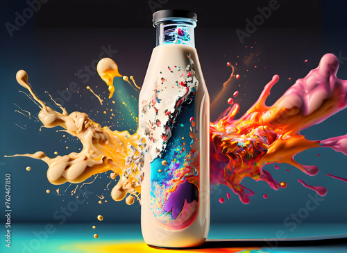 Abstract exploding photon bottle of milk acrylic paint maximalism on digital art concept. photo
