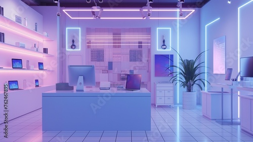 A Computer Store Interior With Colorful Neon Lighting.  photo