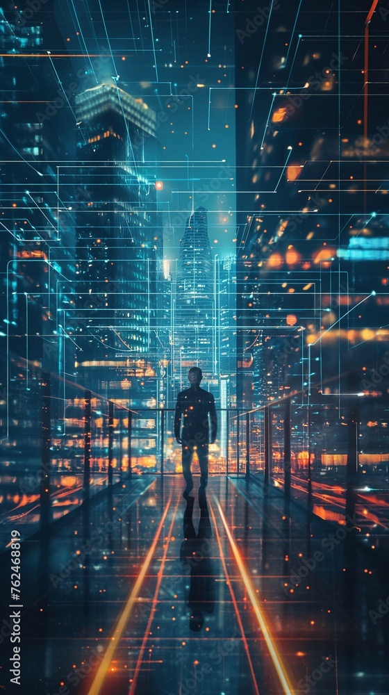 Man Standing On Street In Smart City Architectural Technology Cityscape.