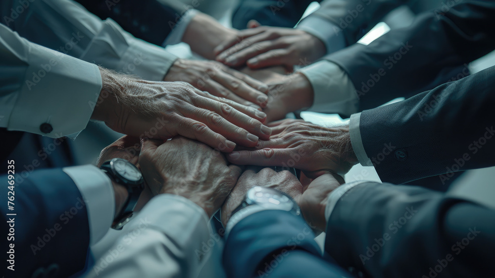 Group of businessman team touching hands together. Selective focus.
