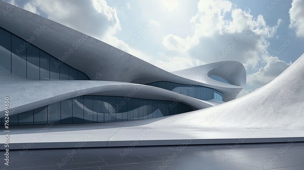 3D illustration of futuristic architecture, building with curved concrete walls. 3D illustration of futuristic architecture, building with curved concrete walls.