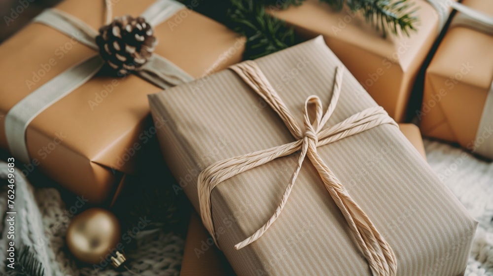 A gift boxes wrapped in brown paper on a wooden table. - obrazy, fototapety, plakaty 