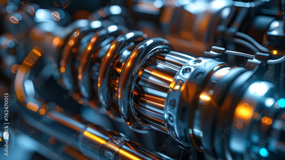 Close-up of a motorcycle shock absorber showcasing mechanical precision and design Close-up of a motorcycle shock absorber showcasing mechanical precision and design
