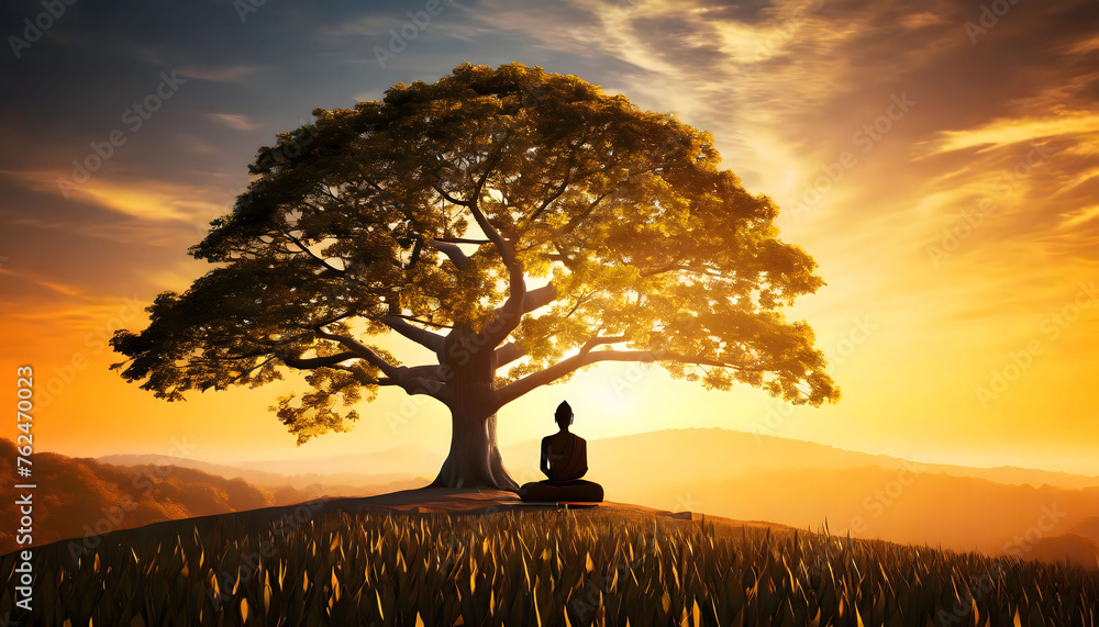 Silhouette of a Person Meditating Under a Majestic Tree at Sunset - obrazy, fototapety, plakaty 