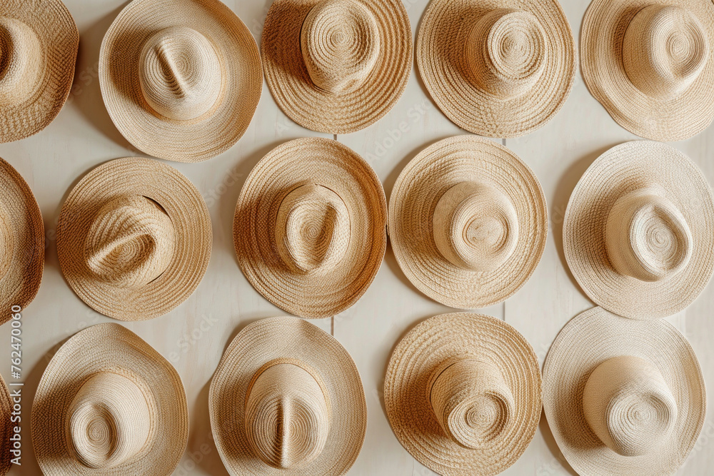 Various stylish straw hats arranged in a row on white wooden surface, summer fashion concept Various stylish straw hats arranged in a row on white wooden surface, summer fashion concept