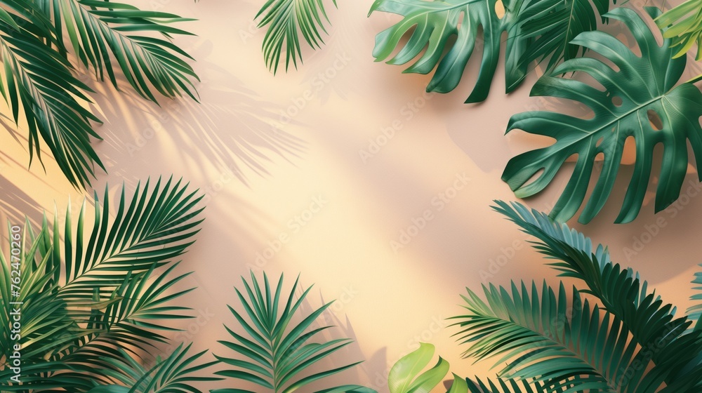 Tropical leaves Monstera and palm tree leaf on cream background. Flat lay, top view, generative ai