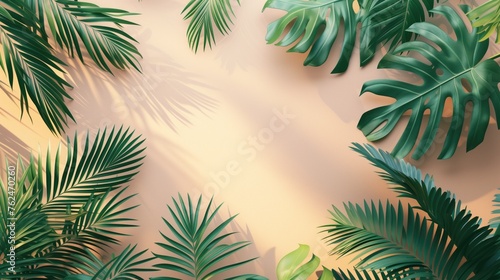 Tropical leaves Monstera and palm tree leaf on cream background. Flat lay, top view, generative ai
