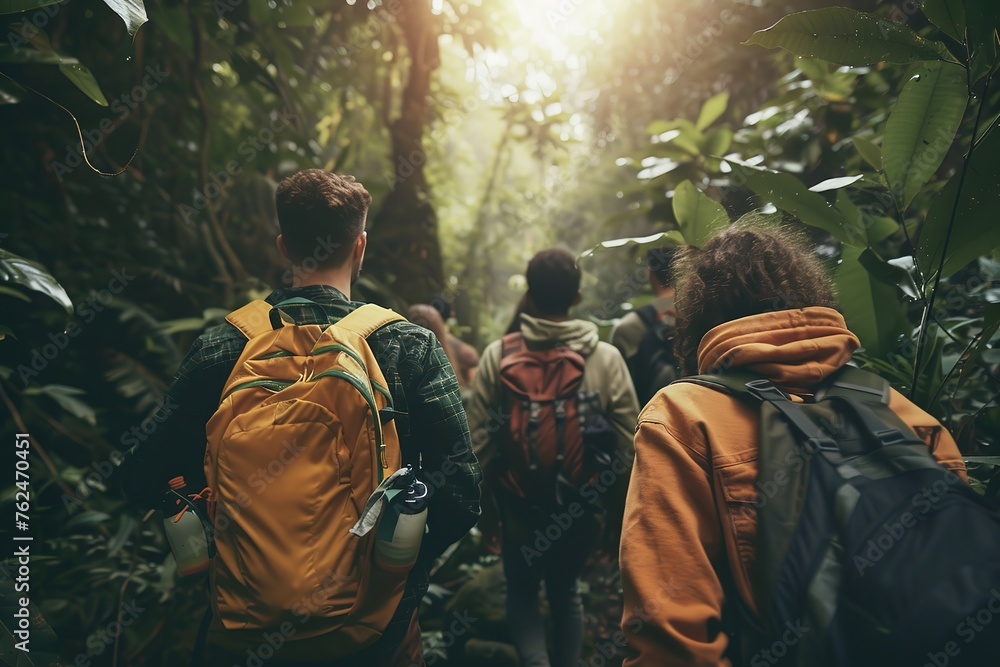 Group of hikers trekking through a dense rainforest.