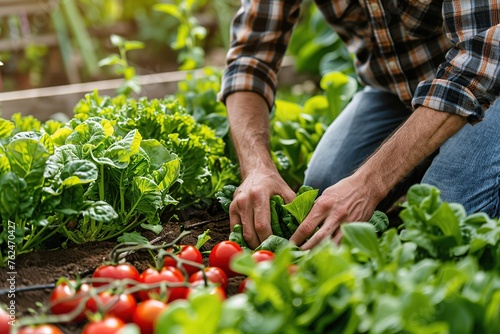 Person tending to a lush vegetable garden with ripe tomatoes in the foreground.