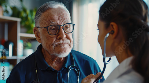 Homecare nursing service and elderly people cardiology healthcare. Close up of young hispanic female doctor nurse check mature caucasian man patient heartbeat using stethoscope during visit. photo