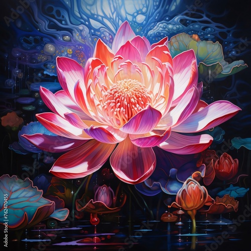 Illustration of a large lily flower in the middle of the water murky colors. Flowering flowers, a symbol of spring, new life.