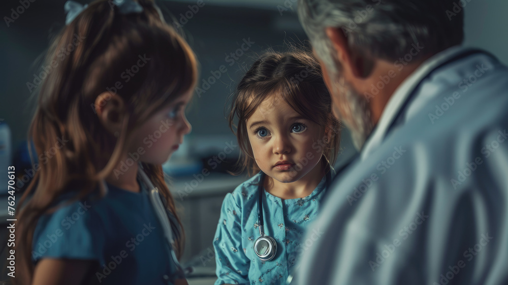 Fototapeta premium Little girl at the doctor for a checkup. Child auscultate the heartbeat of the doctor.